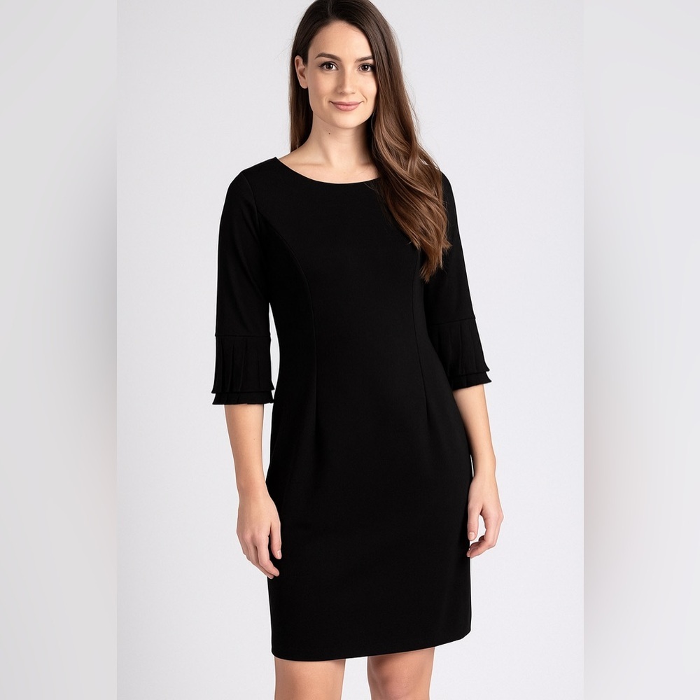 Glamour Black Pleated Bell Sleeve Sheath Dress With Zipper Size 8 NWT